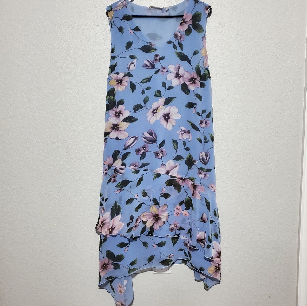Soft Surroundings baby blue lilac floral tiered asymmetric shift dress XL boho